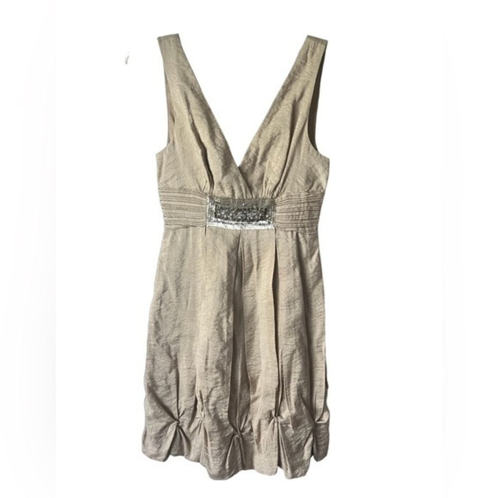 BCBGMaxAzria Beige Sleeveless V-Neck Dress with Sequin Waist